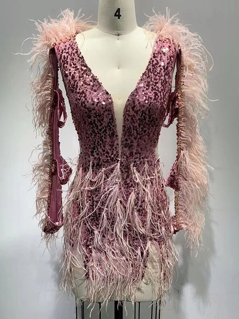 Sequin Deep V-Neck Feather Trim Long Sleeve Cut Out Mini Dress