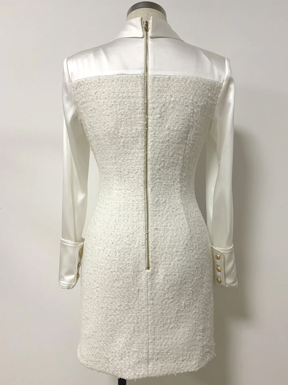 Tweed Overlay Shirt Collar Long Sleeve Button Front Mini Dress