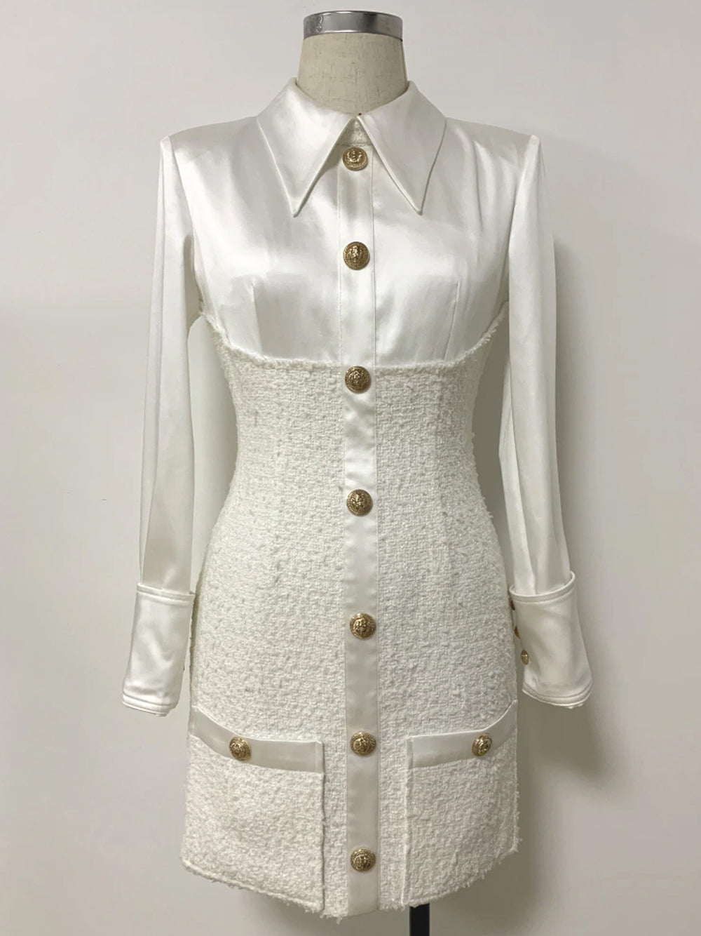 Tweed Overlay Shirt Collar Long Sleeve Button Front Mini Dress