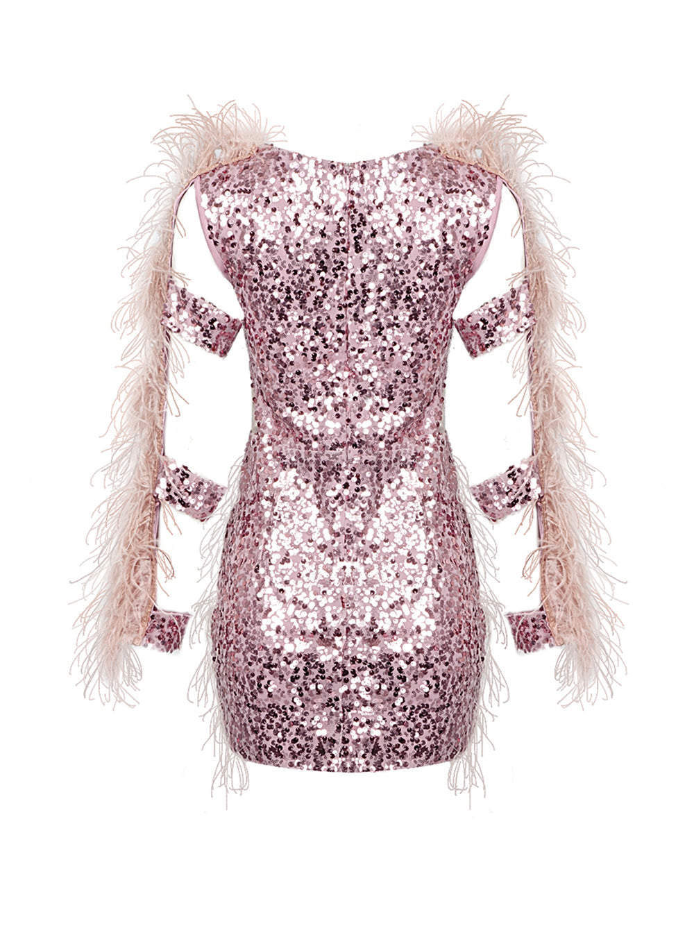 Sequin Deep V-Neck Feather Trim Long Sleeve Cut Out Mini Dress