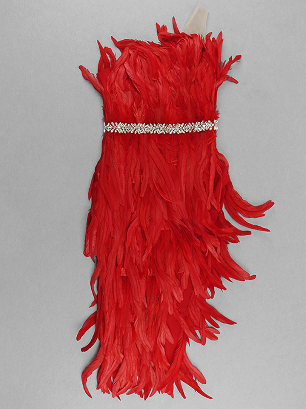 Strapless Rhinestone Belt Asymmetric Feather Hem Bodycon Mini Dress