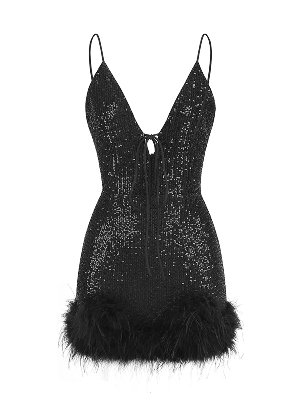 Sequin Deep V-Neck Spaghetti Strap Feather Hem Bodycon Mini Dress