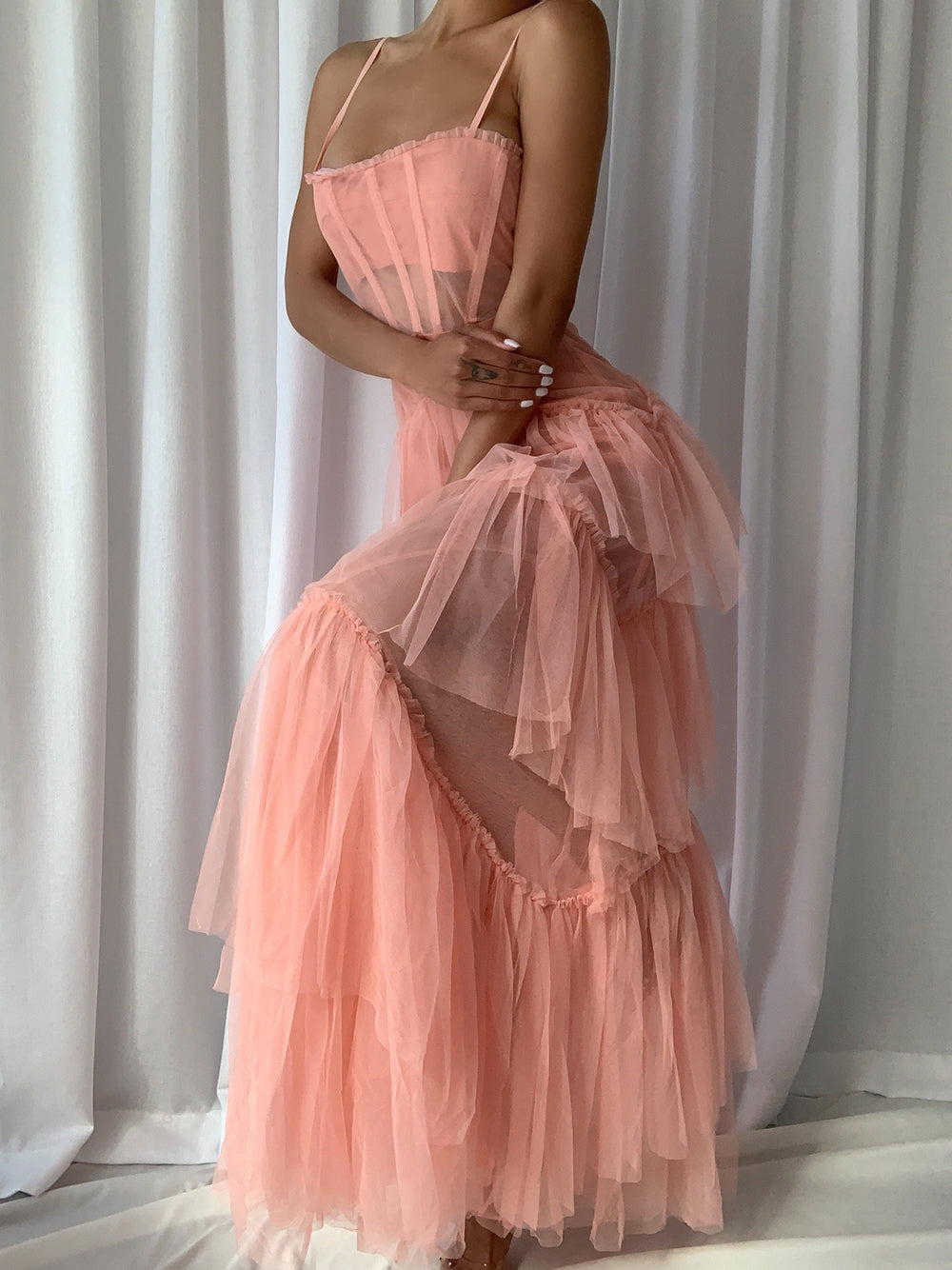 Tulle Spaghetti Strap Corset Boned Bodice Diagonal Tier Ruffle Maxi Gown