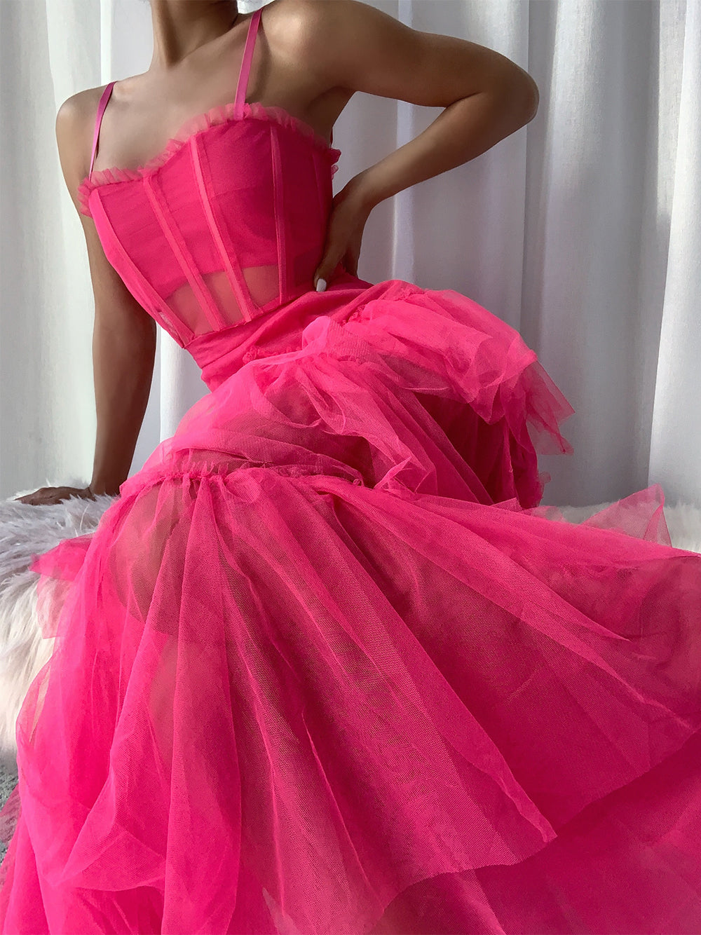 Spaghetti Strap Square Neck Corset Tiered Ruffle Tulle Maxi Gown