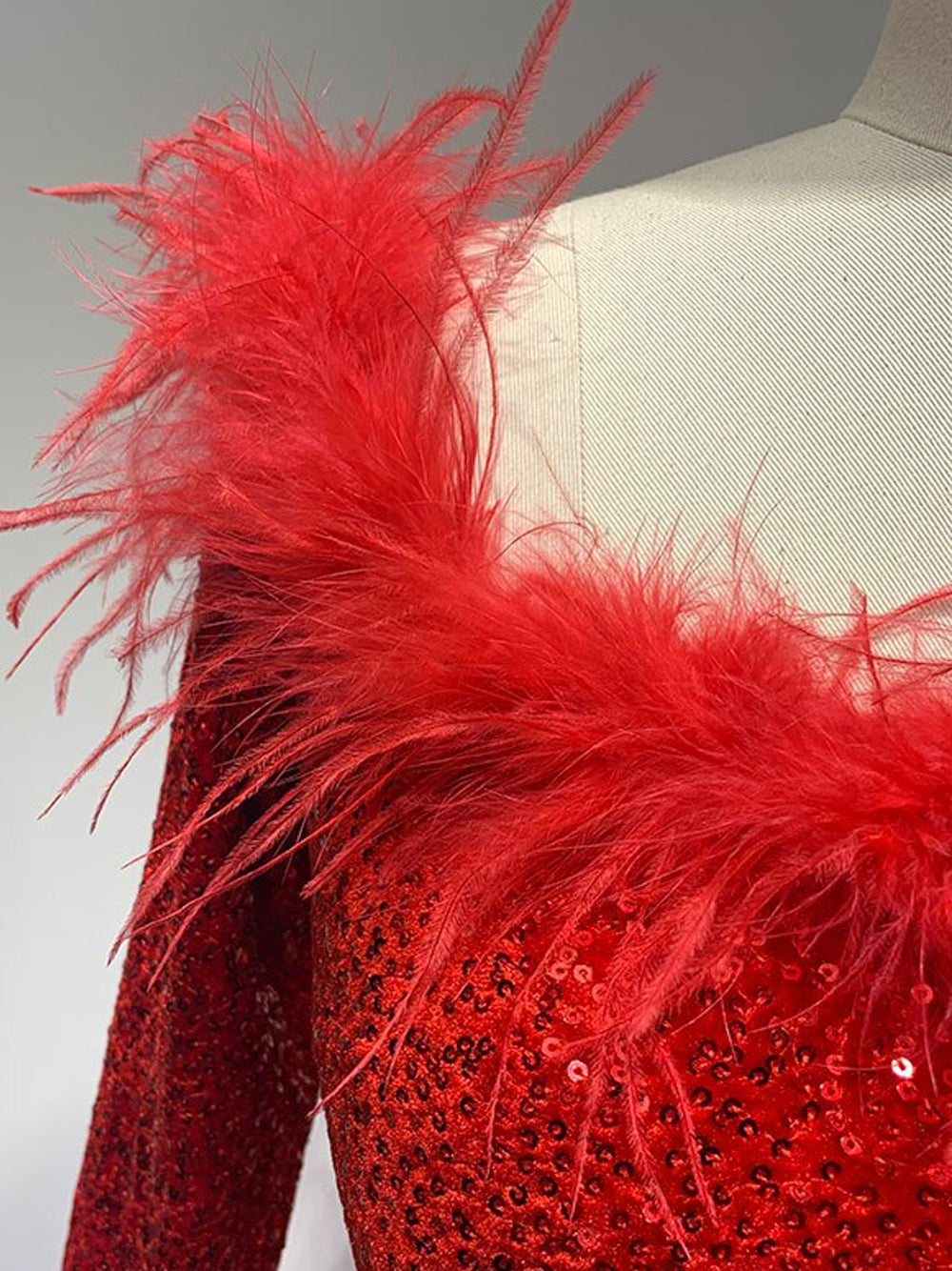 Sequin Off Shoulder Feather Trim Long Sleeve Bodycon Mini Dress