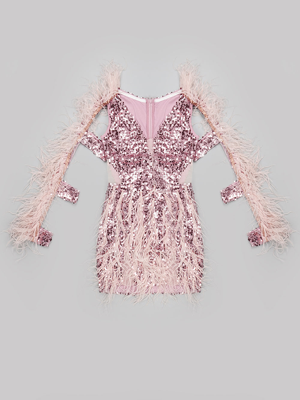 Sequin Deep V-Neck Feather Trim Long Sleeve Cut Out Mini Dress