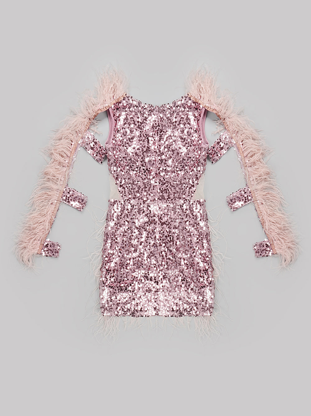 Sequin Deep V-Neck Feather Trim Long Sleeve Cut Out Mini Dress