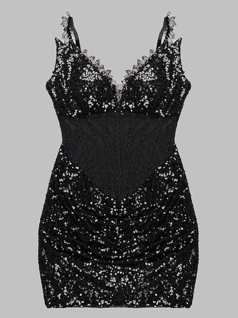 Sequin Deep V-Neck Sheer Corset Bodycon Mini Dress