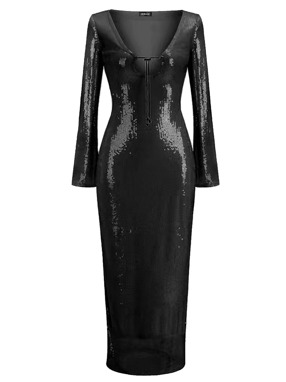 Sequin Deep V-Neck Tie Front Keyhole Long Sleeve Bodycon Maxi Gown