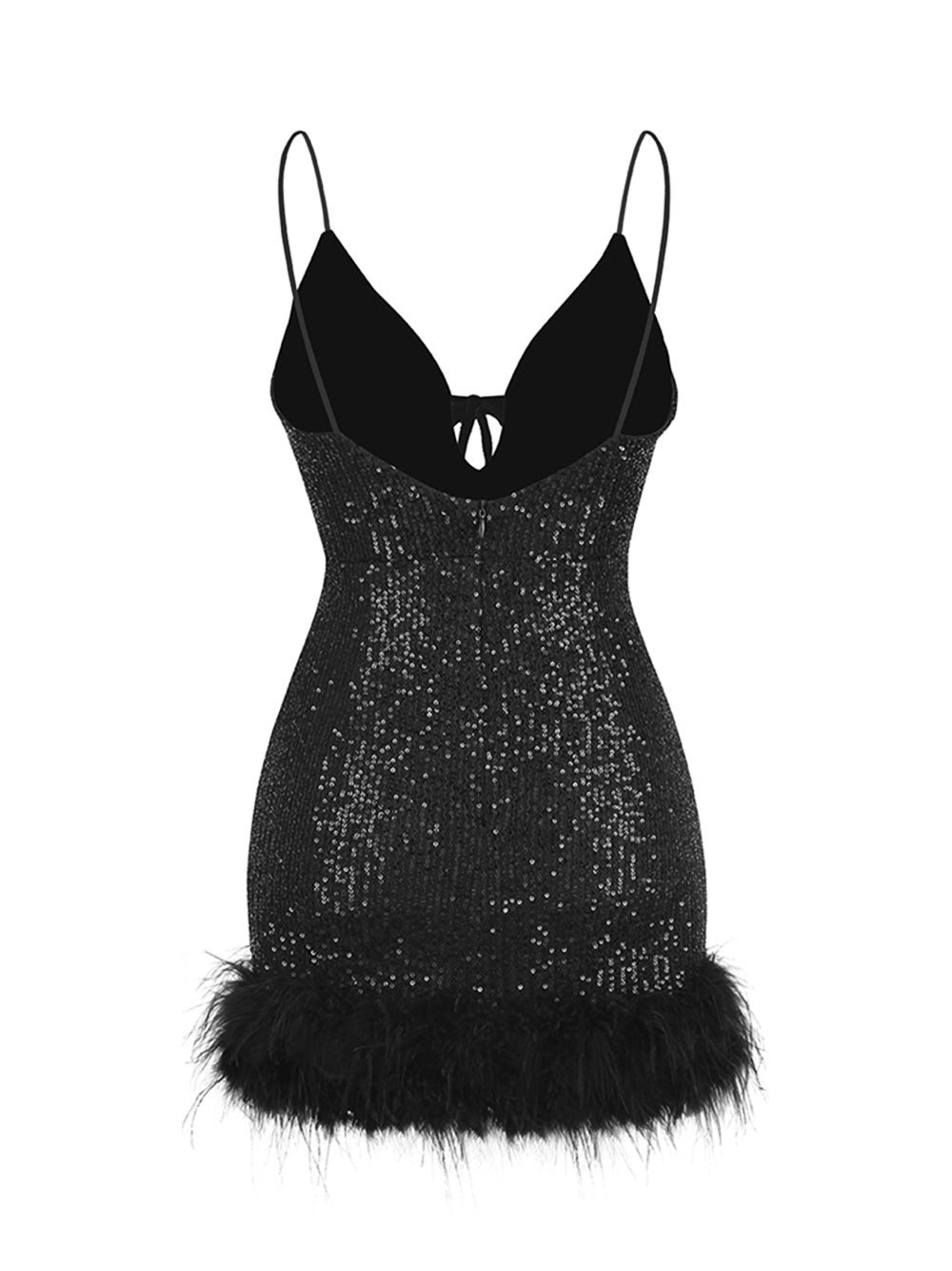 Sequin Deep V-Neck Spaghetti Strap Feather Hem Bodycon Mini Dress