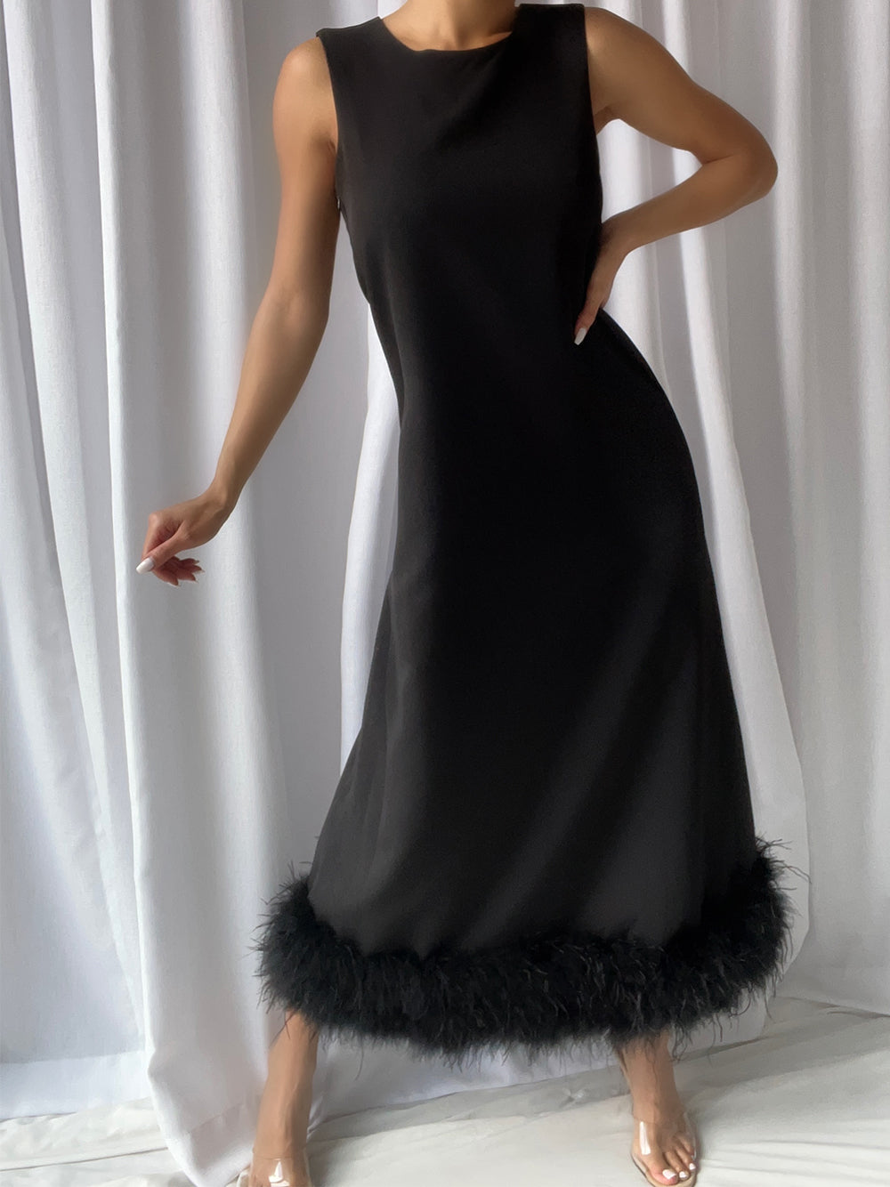 Cowl Neck Sleeveless Shift Feather Hem Midi Dress