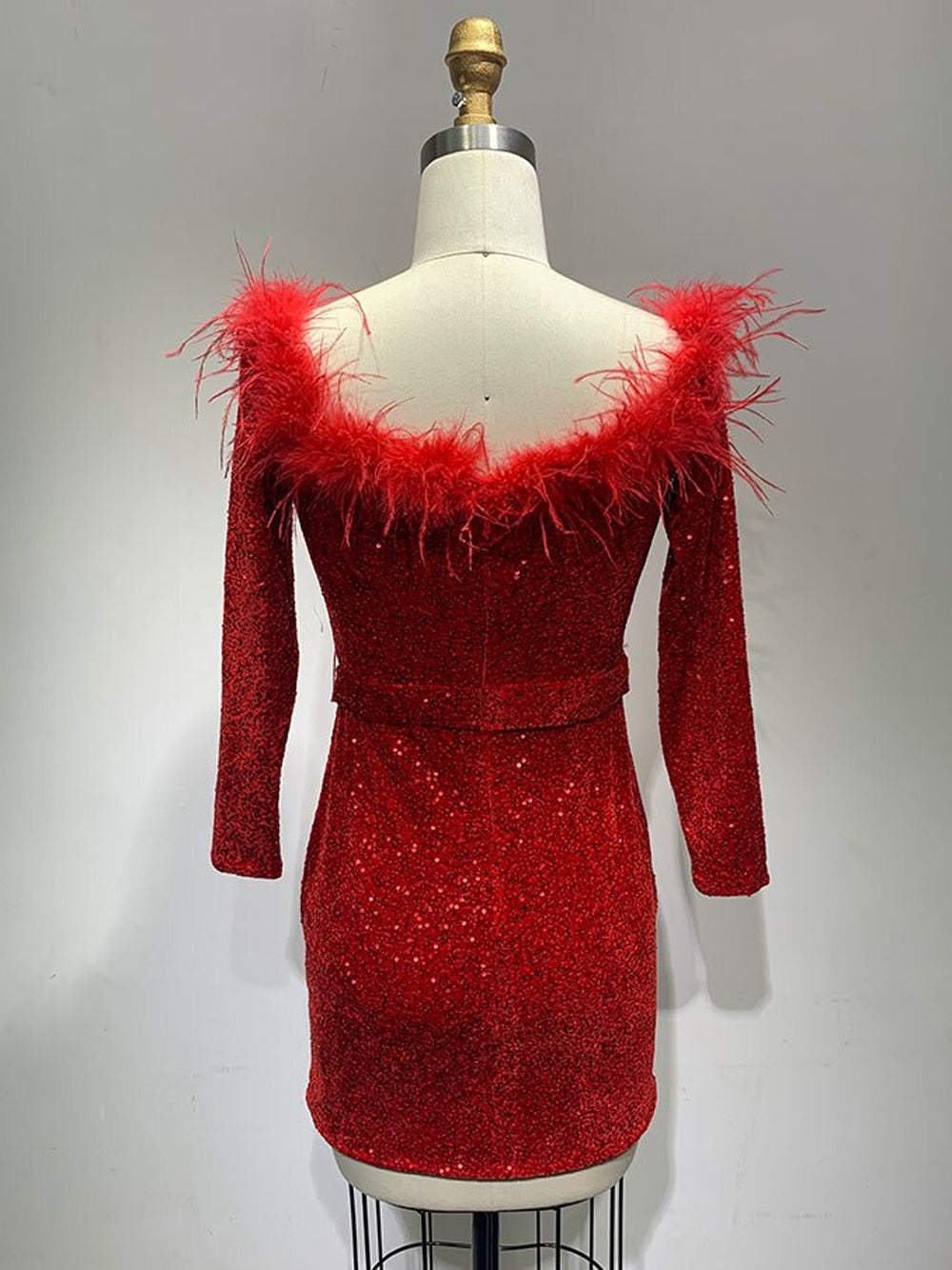 Sequin Off Shoulder Feather Trim Long Sleeve Bodycon Mini Dress