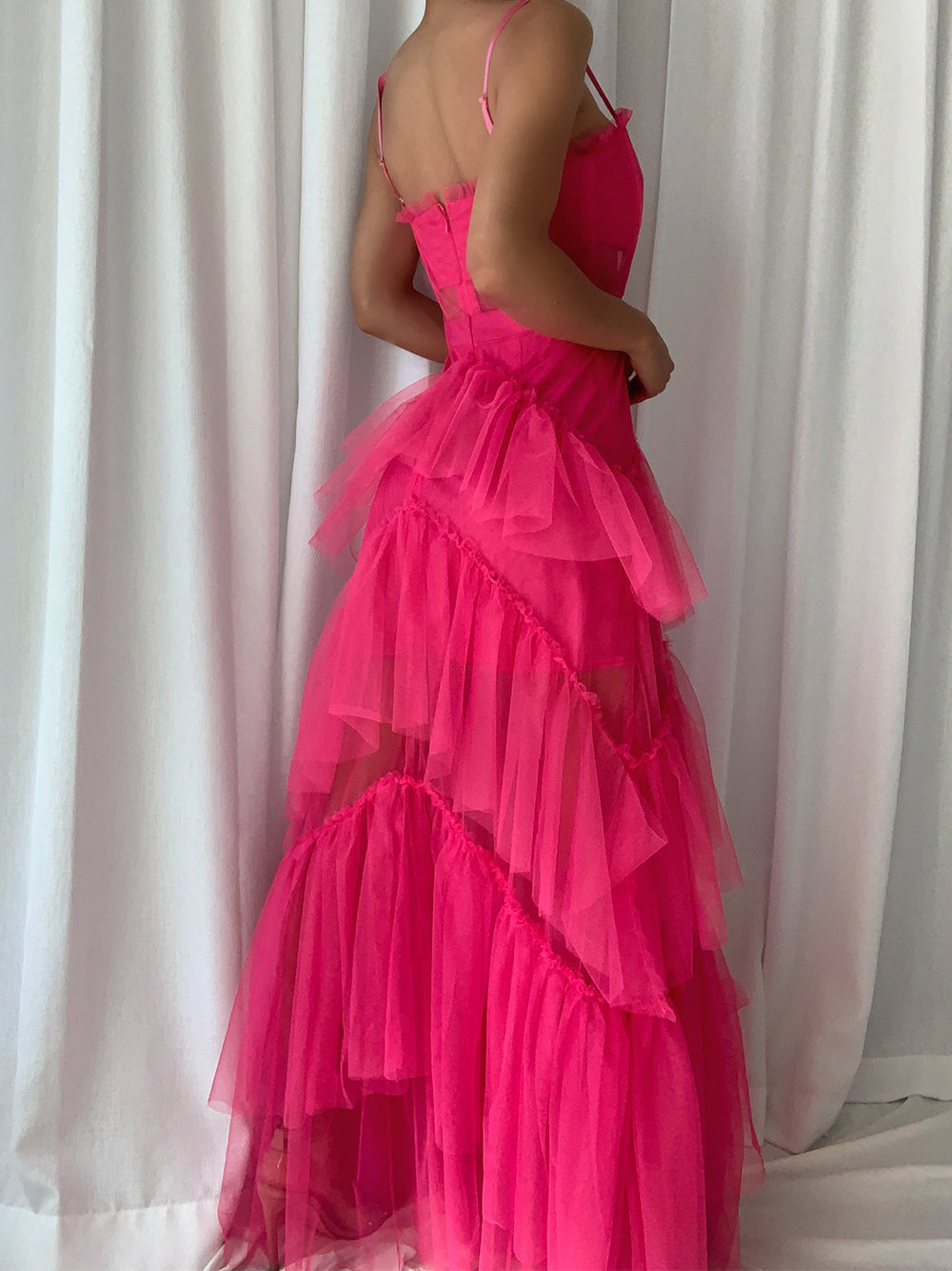 Spaghetti Strap Square Neck Corset Tiered Ruffle Tulle Maxi Gown