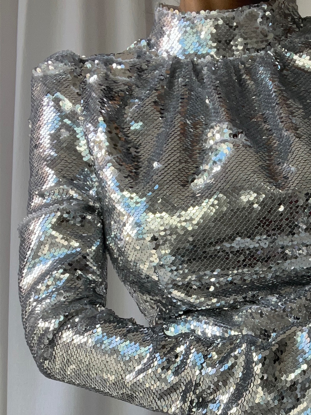 Sequin High Neck Long Sleeve Ruffle Hem Mini Party Dress