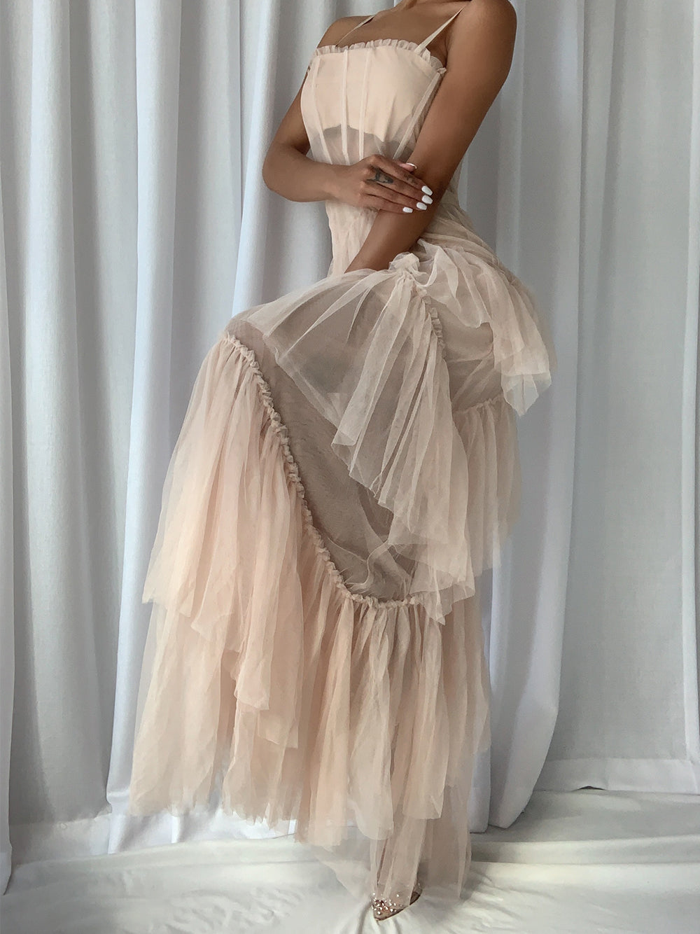 Tulle Corset Bodice Chevron Tiered Ruffle Spaghetti Strap Maxi Gown