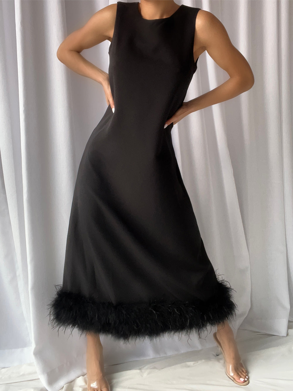 Cowl Neck Sleeveless Shift Feather Hem Midi Dress