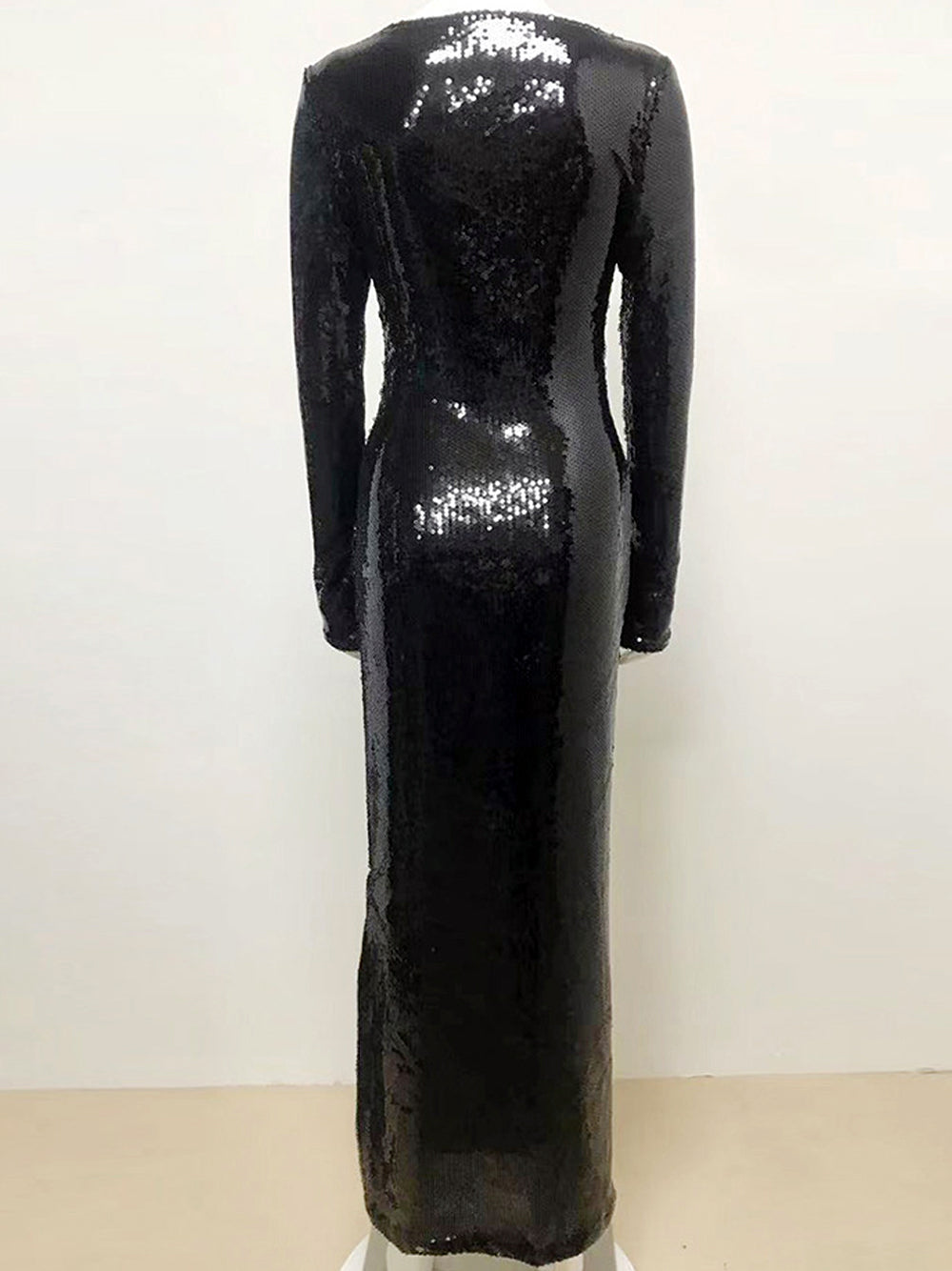Sequin Deep V-Neck Tie Front Keyhole Long Sleeve Bodycon Maxi Gown