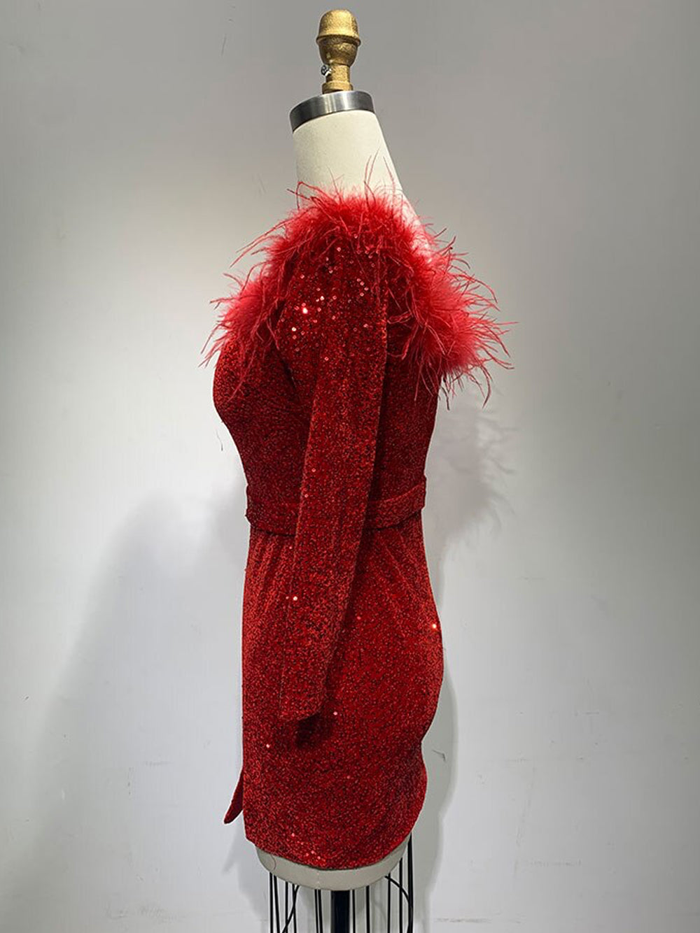 Sequin Off Shoulder Feather Trim Long Sleeve Bodycon Mini Dress