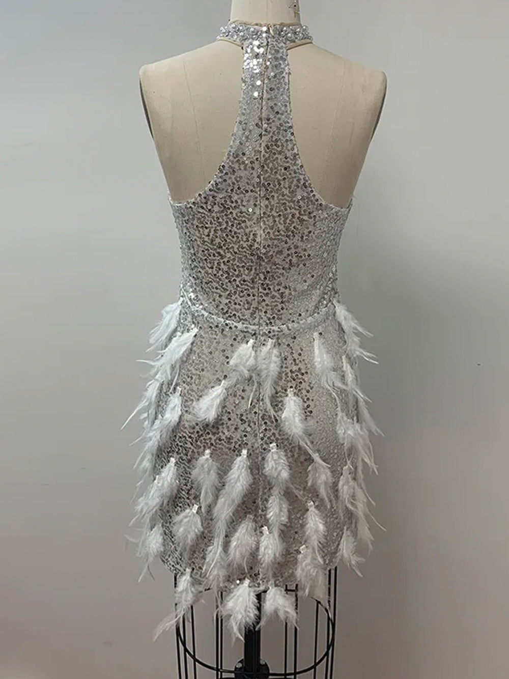Sequin Halter Neck Plunge Feather Skirt Mini Dress