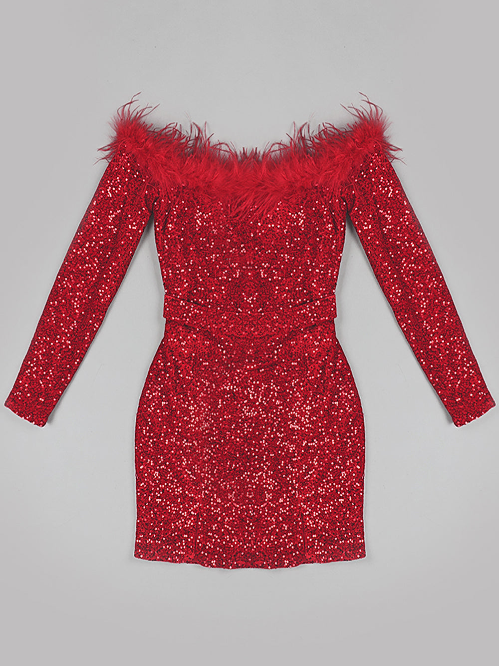 Sequin Off Shoulder Feather Trim Long Sleeve Bodycon Mini Dress