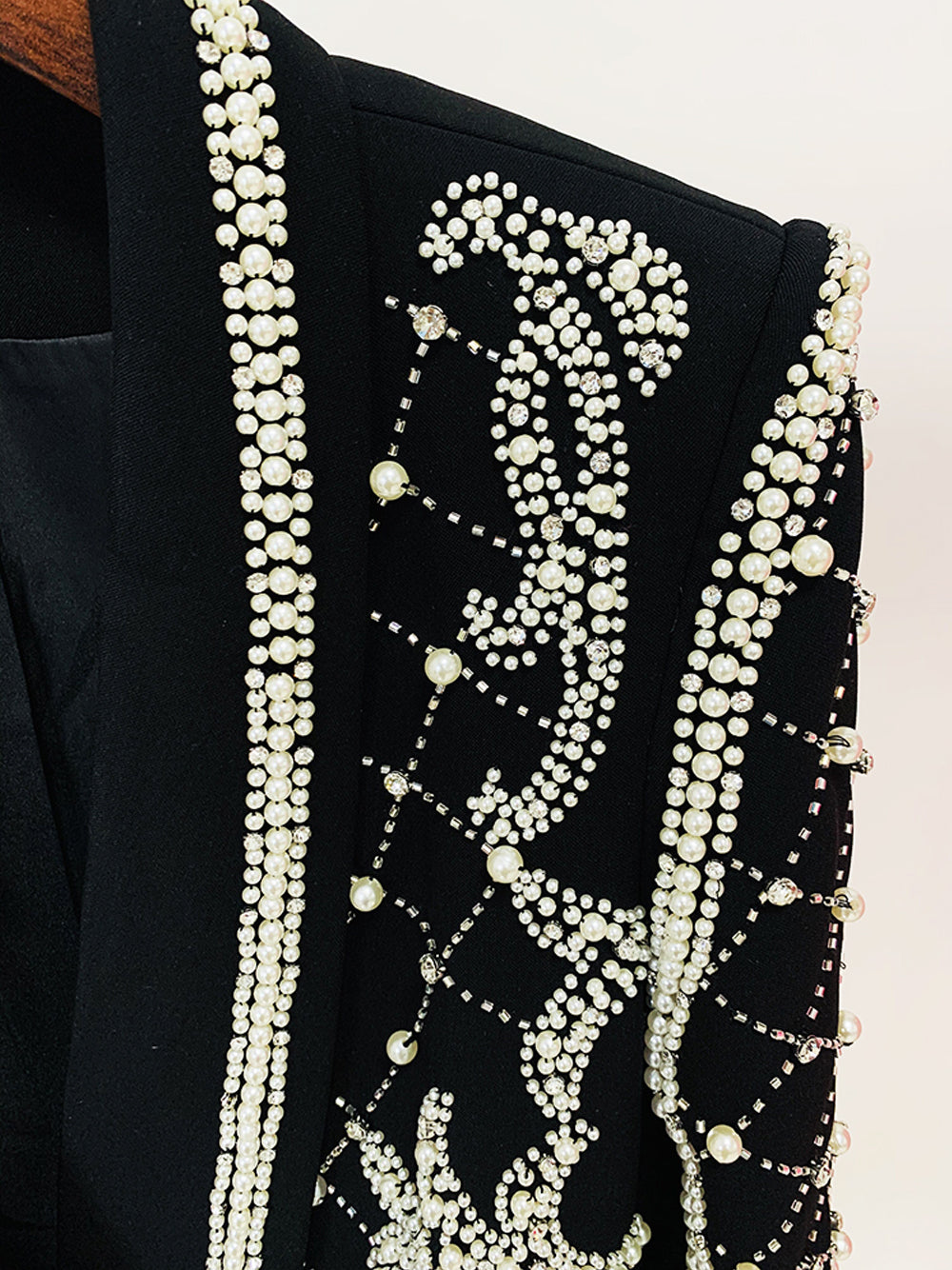 Pearl Beaded Rhinestone Grid Long Sleeve Deep V Blazer Mini Dress