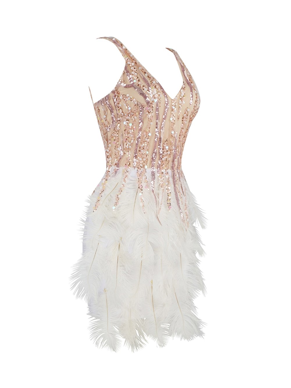 Sequin Mesh Deep V-Neck Feather Tier Bodycon Mini Dress
