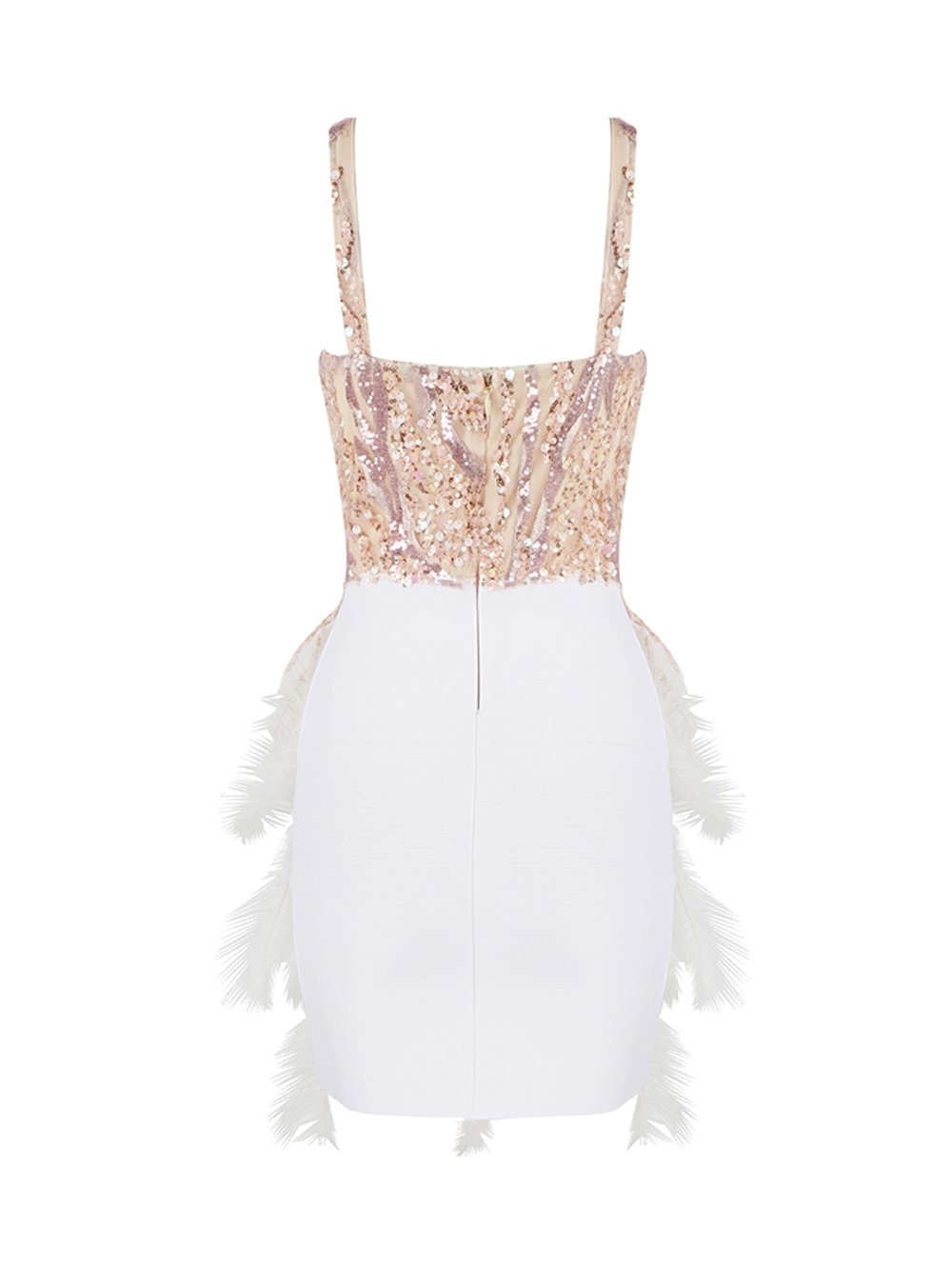Sequin Mesh Deep V-Neck Feather Tier Bodycon Mini Dress