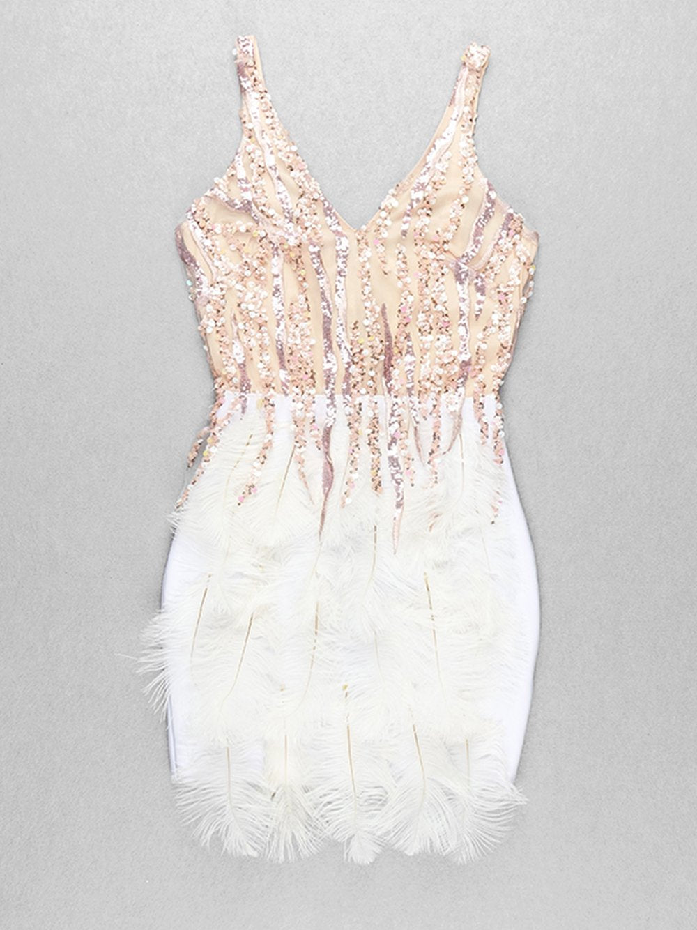 Sequin Mesh Deep V-Neck Feather Tier Bodycon Mini Dress
