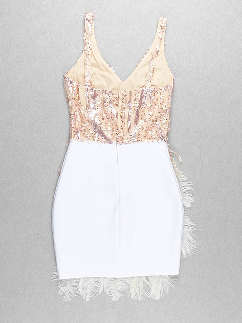 Sequin Mesh Deep V-Neck Feather Tier Bodycon Mini Dress