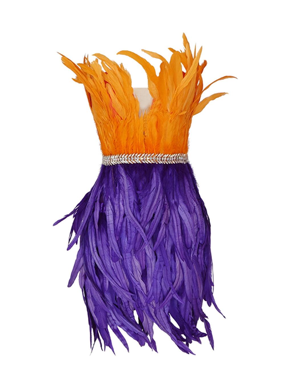 One Shoulder Feather Tiered Strapless Mini Dress with Floor Length Metallic Fringe