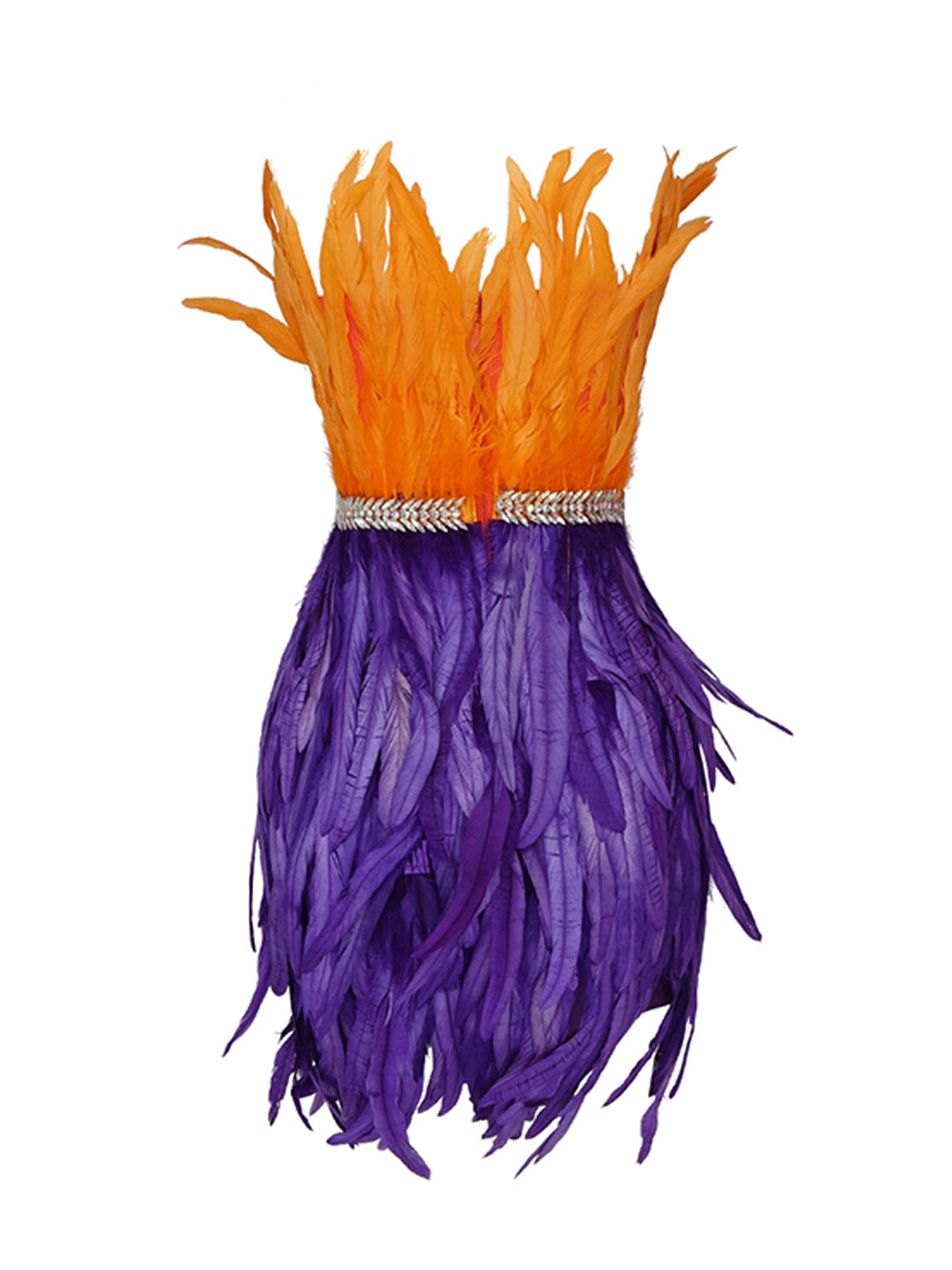 One Shoulder Feather Tiered Strapless Mini Dress with Floor Length Metallic Fringe