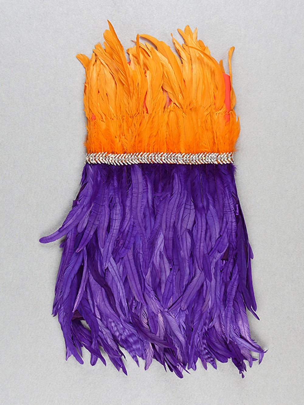 One Shoulder Feather Tiered Strapless Mini Dress with Floor Length Metallic Fringe