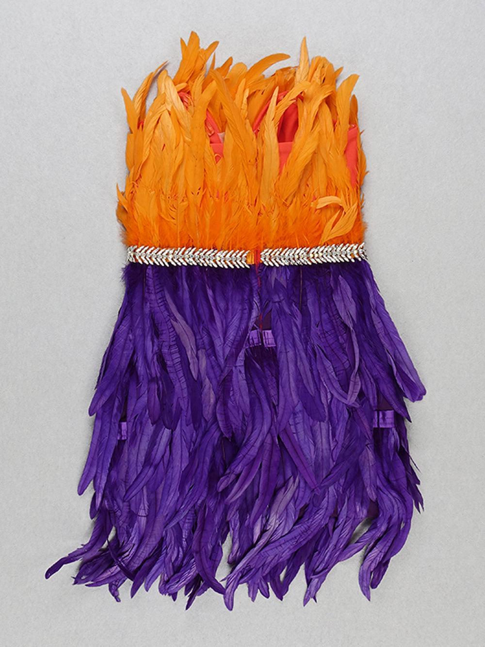 One Shoulder Feather Tiered Strapless Mini Dress with Floor Length Metallic Fringe