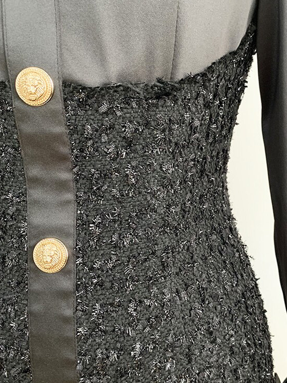 Tweed Boucle Satin Collar Long Sleeve Button Front Flap Pocket Mini Dress