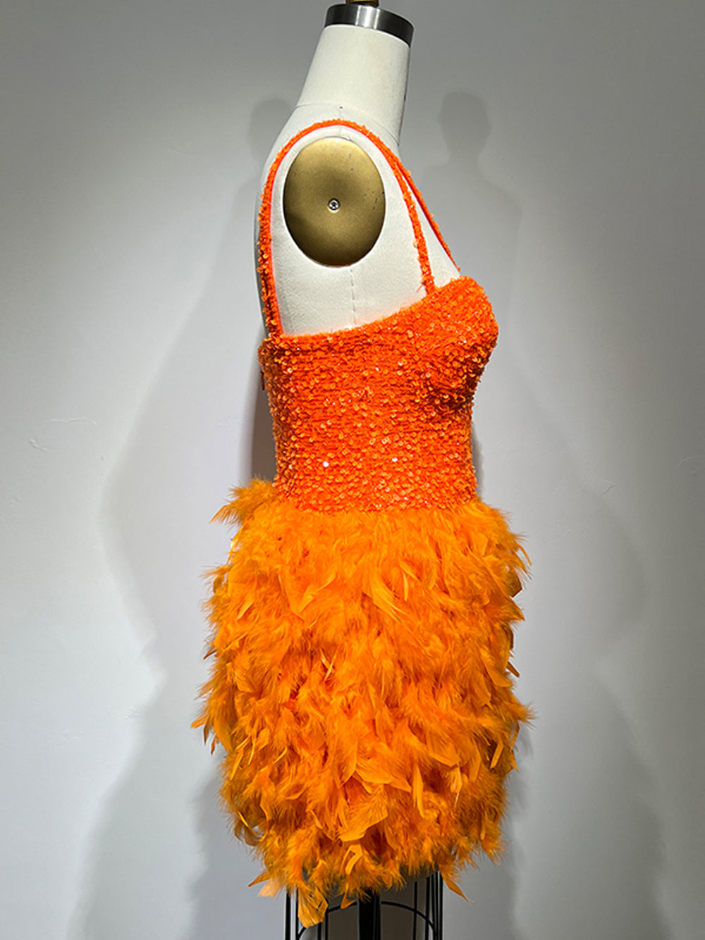 Sequin Sweetheart Cross Strap Feather Skirt Mini Dress