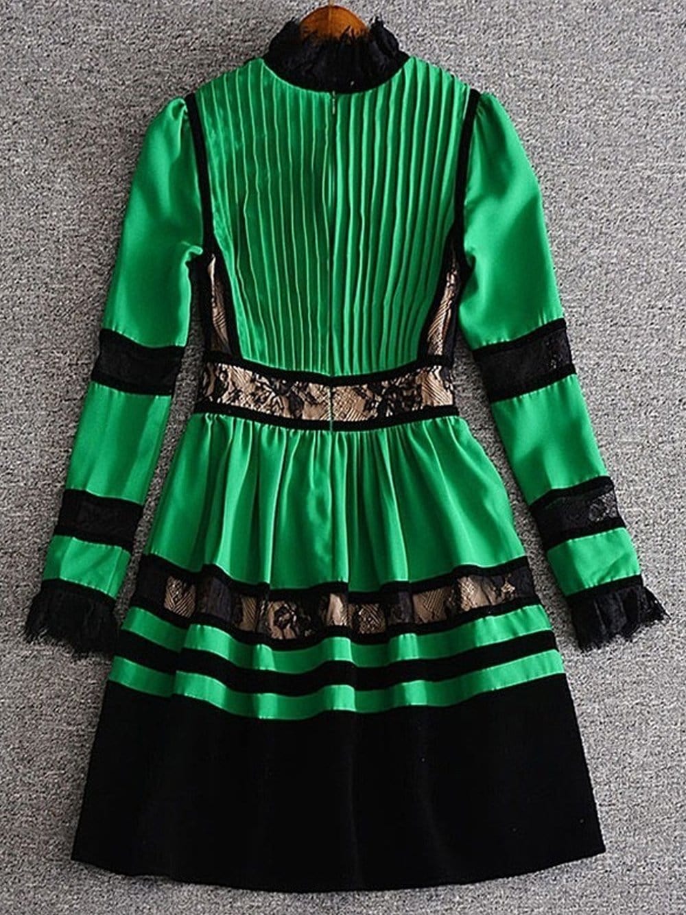 High Neck Long Sleeve Lace Insert Velvet Trim Pleated Mini Dress 9