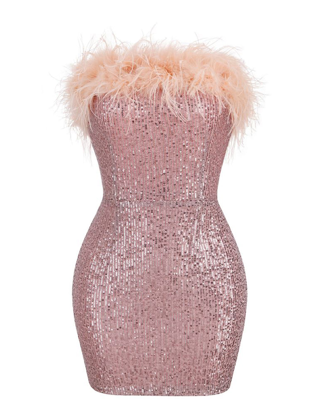 Sequin Strapless Feather Trim Bodycon Mini Dress