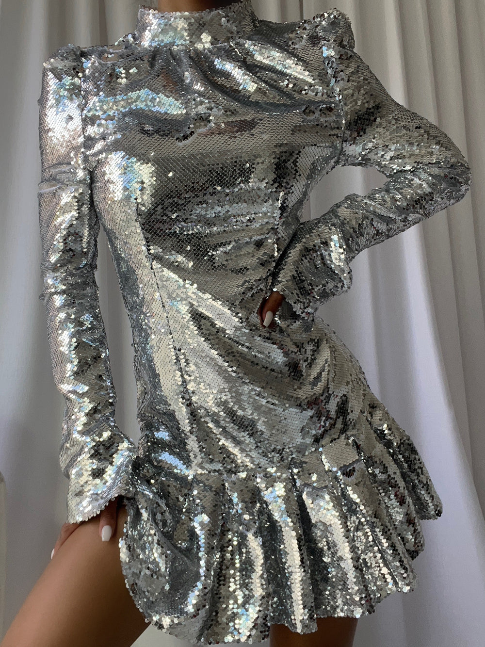 Sequin High Neck Long Sleeve Ruffle Hem Mini Party Dress