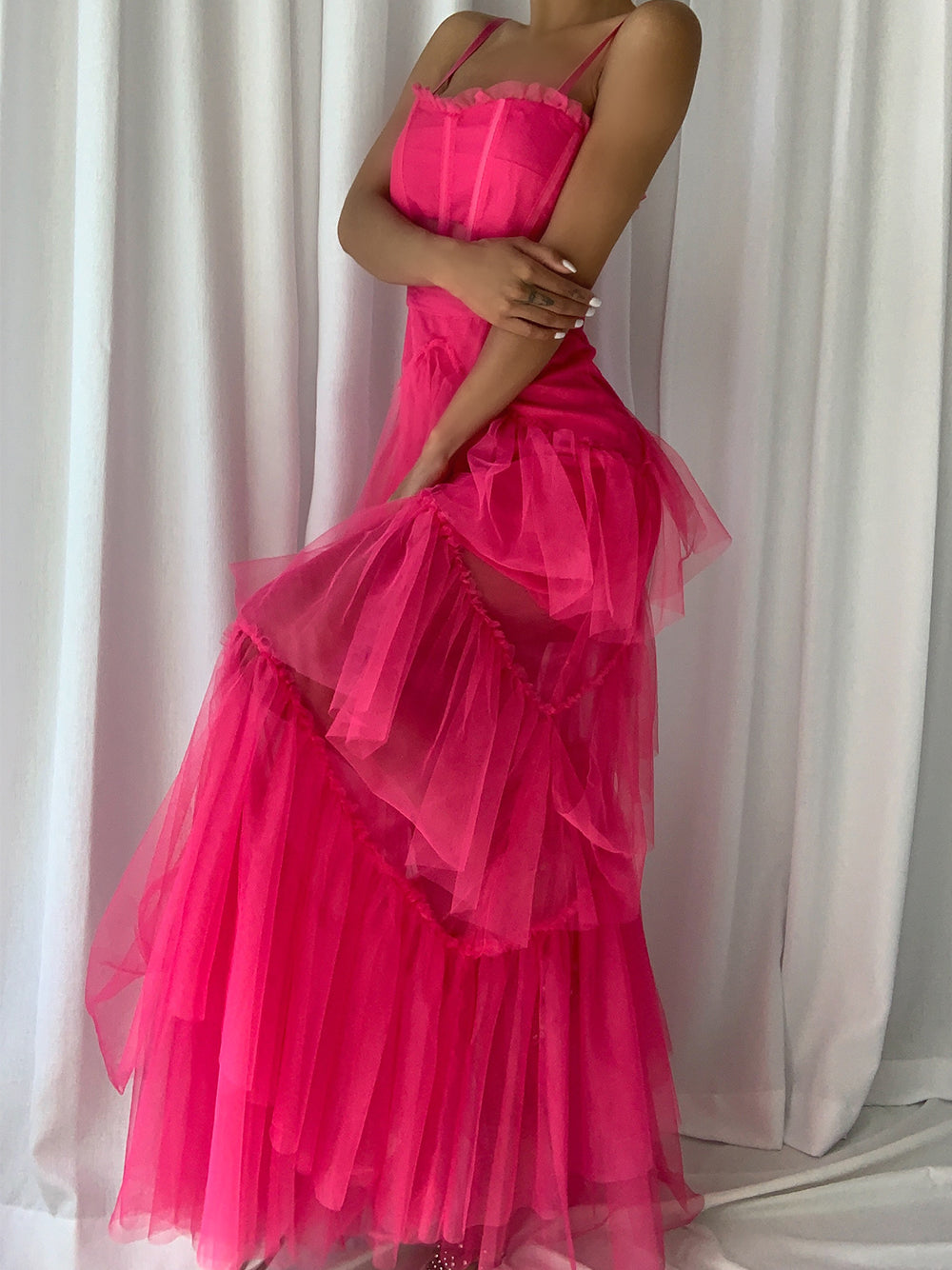 Spaghetti Strap Square Neck Corset Tiered Ruffle Tulle Maxi Gown