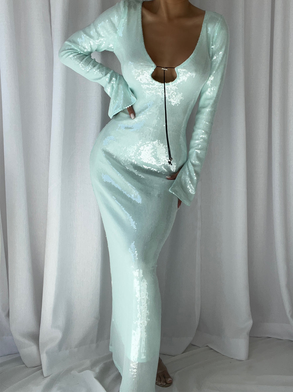 Lace Long Sleeve High Neck Fit and Flare Midi Gown