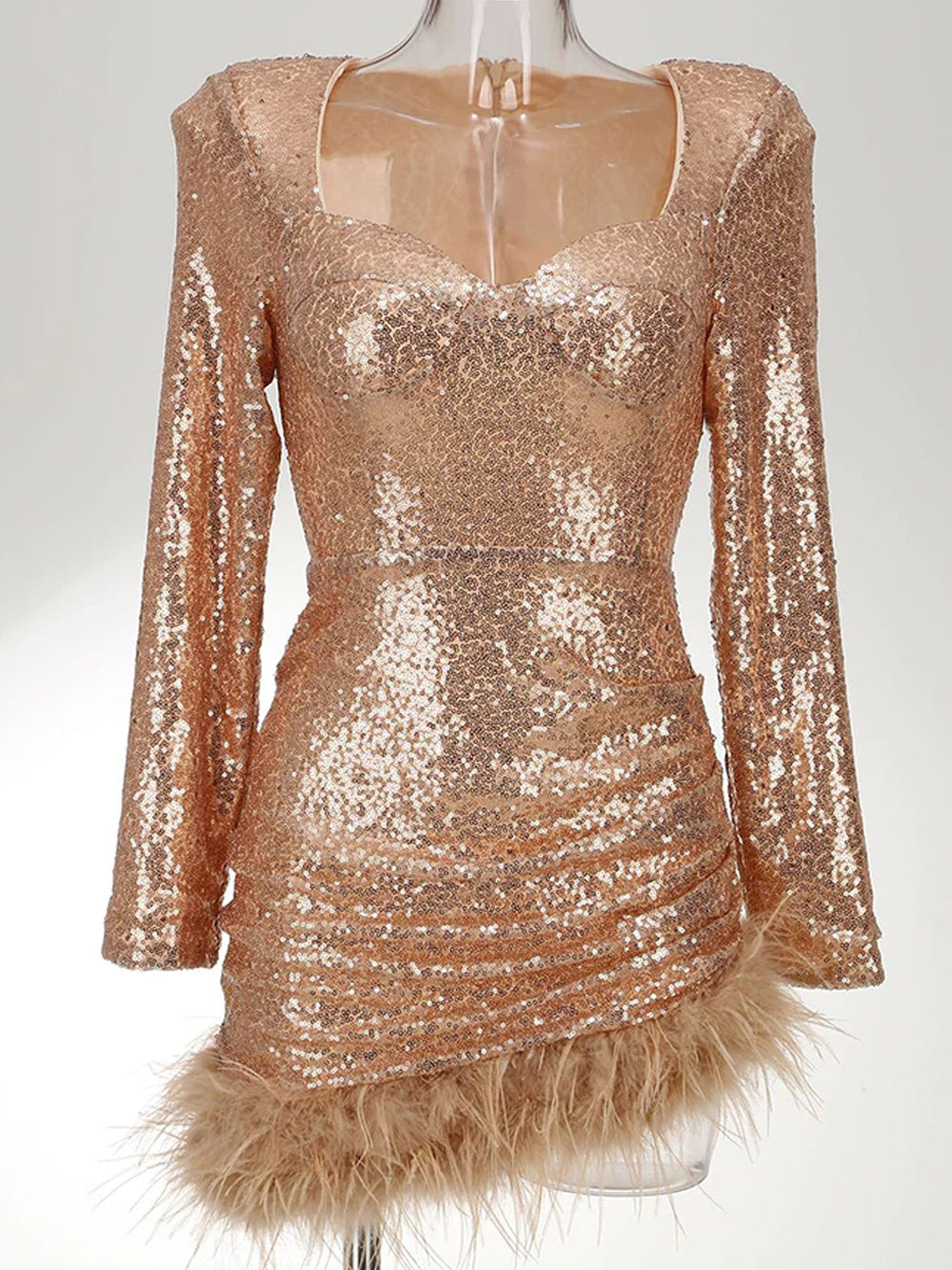 Sequin One Shoulder Feather Trim Cut Out Bodycon Mini Dress