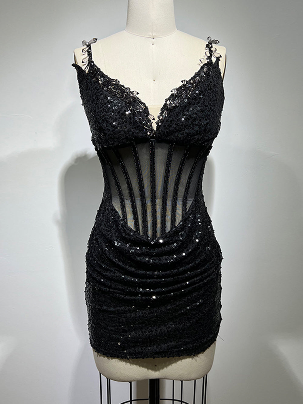 Sequin Deep V-Neck Sheer Corset Bodycon Mini Dress