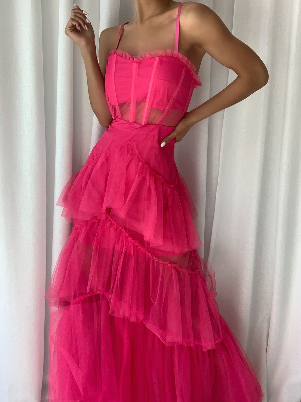 Tulle Corset Bodice Sweetheart Spaghetti Strap Tiered Ruffle Maxi Gown