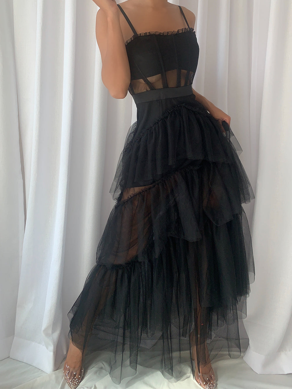 Mesh Corset Bodice Spaghetti Strap Tiered Tulle Maxi Gown