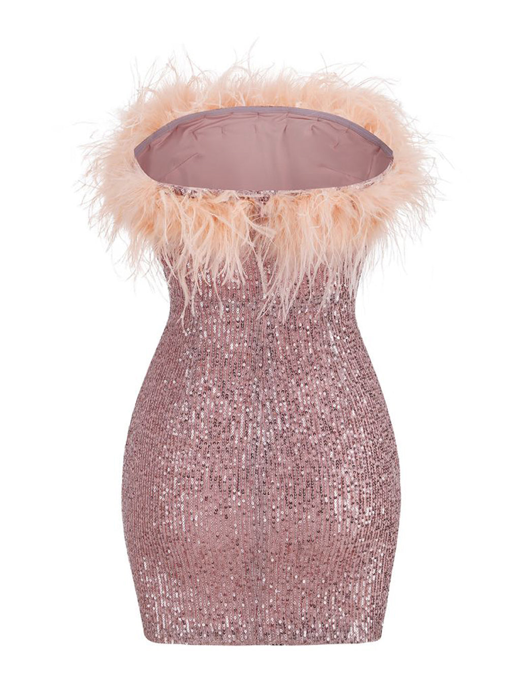 Sequin Strapless Feather Trim Bodycon Mini Dress
