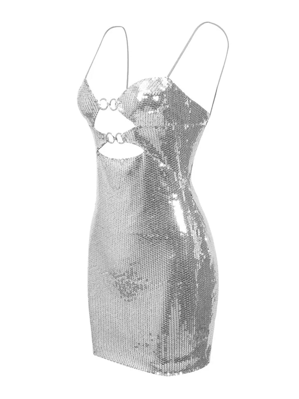 Sequin Spaghetti Strap O Ring Cut Out Bodycon Mini Dress