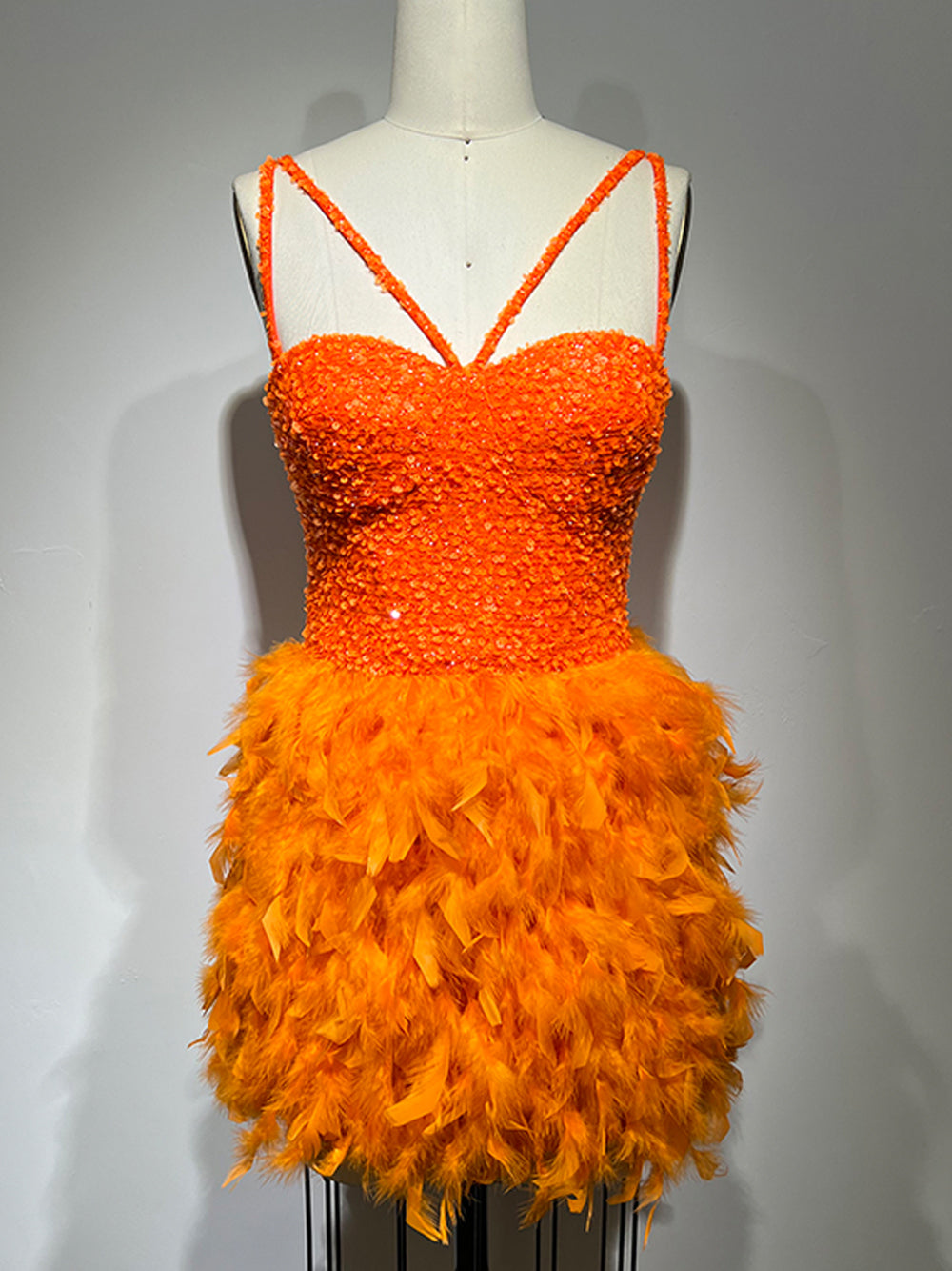 Sequin Sweetheart Cross Strap Feather Skirt Mini Dress