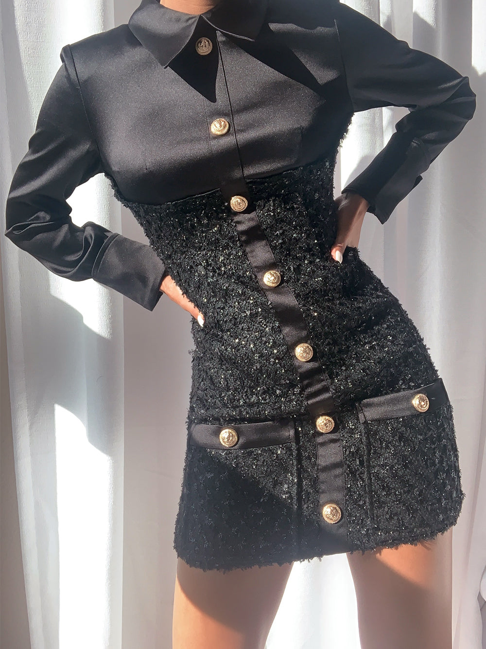 Tweed Boucle Satin Collar Long Sleeve Button Front Flap Pocket Mini Dress