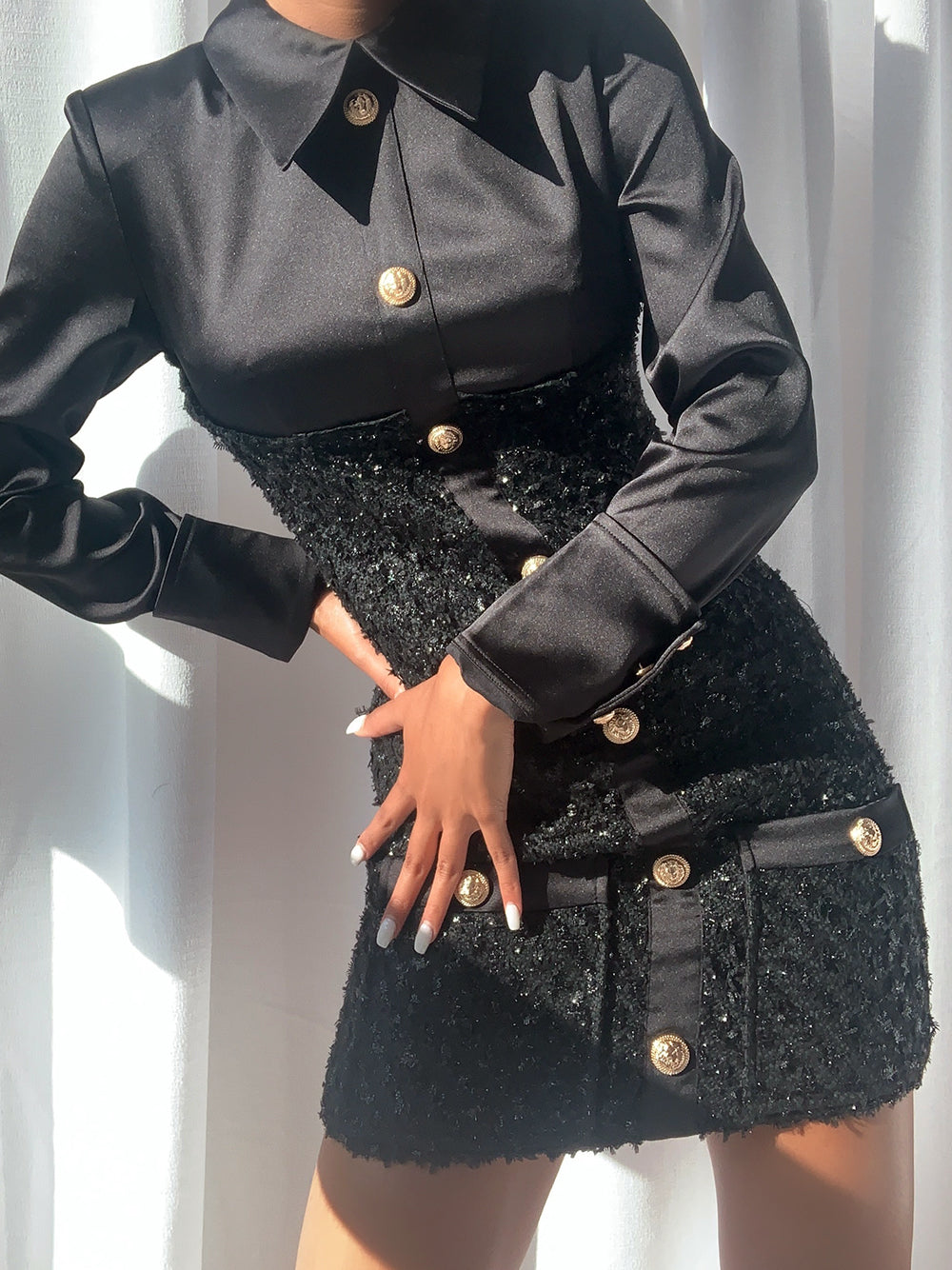 Tweed Boucle Satin Collar Long Sleeve Button Front Flap Pocket Mini Dress