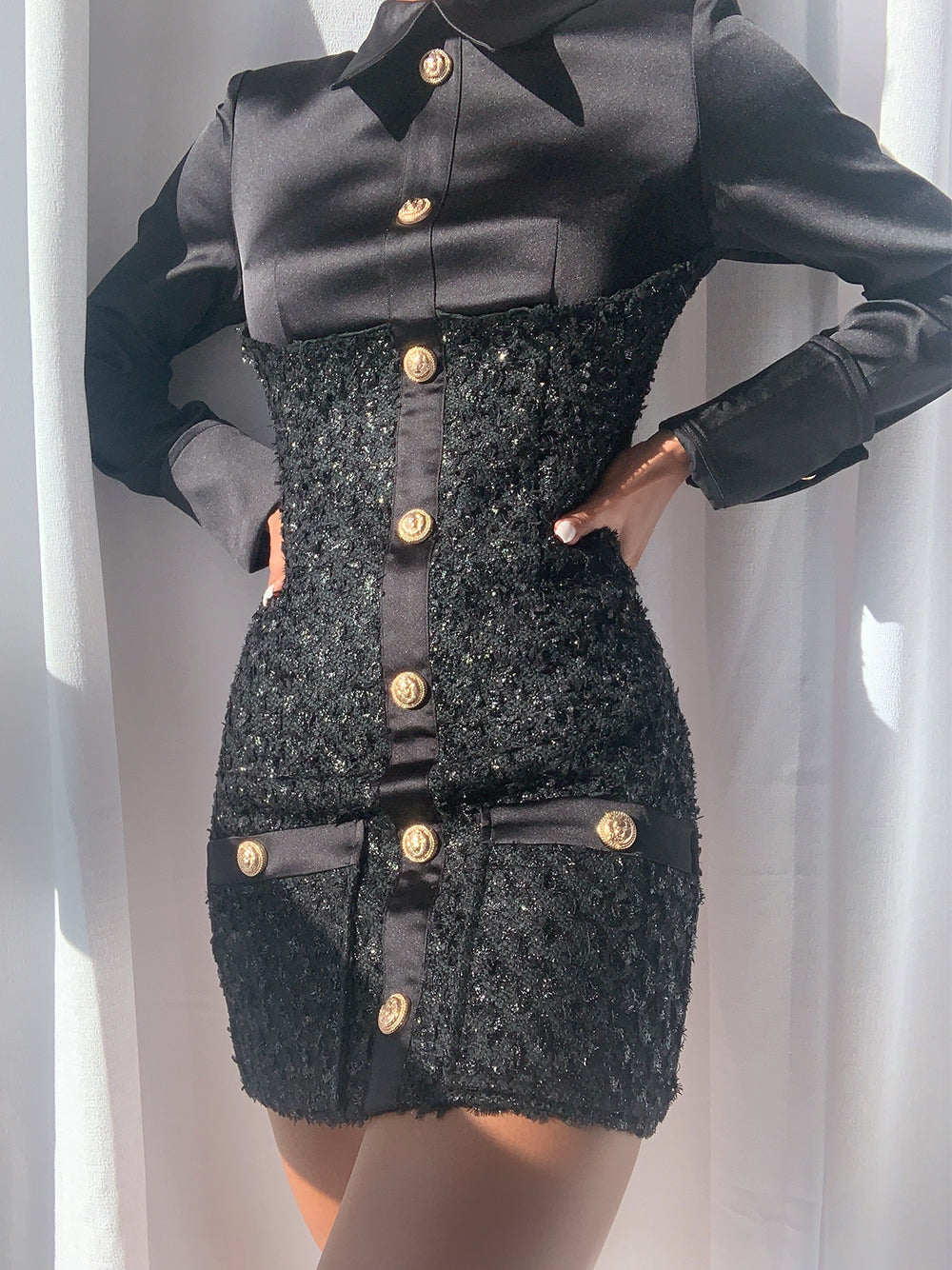 Tweed Boucle Satin Collar Long Sleeve Button Front Flap Pocket Mini Dress